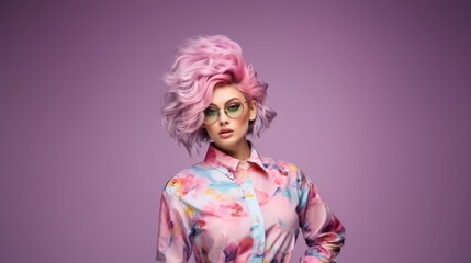 Fototapeta premium beautiful woman with colorful hair and cloths wearing glasses in Stylish posing as supermodel on violet studio background, Generative AI