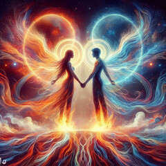 Twin flame couple. Soulmates. The concept of magical, esoteric, tantric, spiritual love. Connection between souls. Illustration for websites and much more. Created using generative ai tools.