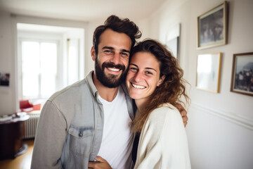 A cheerful, affectionate couple in their new home, embracing and smiling with happiness.