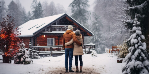 A carefree, laughing couple in winter woods, excited and happy, enjoying a vacation together.