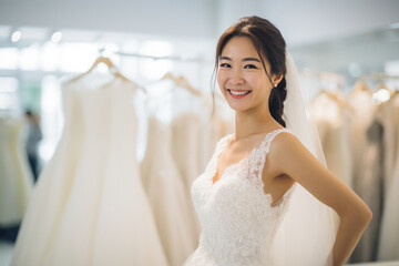 Naklejka premium Alluring Japanese bride happily shopping for a wedding dress in a boutique.