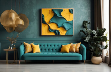 Loft home interior design of modern living room. Dark turquoise tufted sofa with vibrant yellow pillows against beige stucco wall with abstract art poster frame mockup