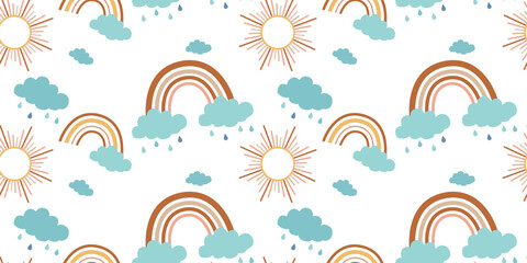 Vector seamless pattern for children with rainbows, clouds, sun in boho style in pastel colors.  Suitable for wrapping paper, textiles, wallpaper, backgrounds.