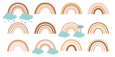 Cute colorful rainbows vector set in boho style. Childish flat illustrations collection. Perfect for kids design, posters, prints, cards, fabric.