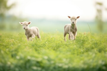 lambs frolicking in green pasture