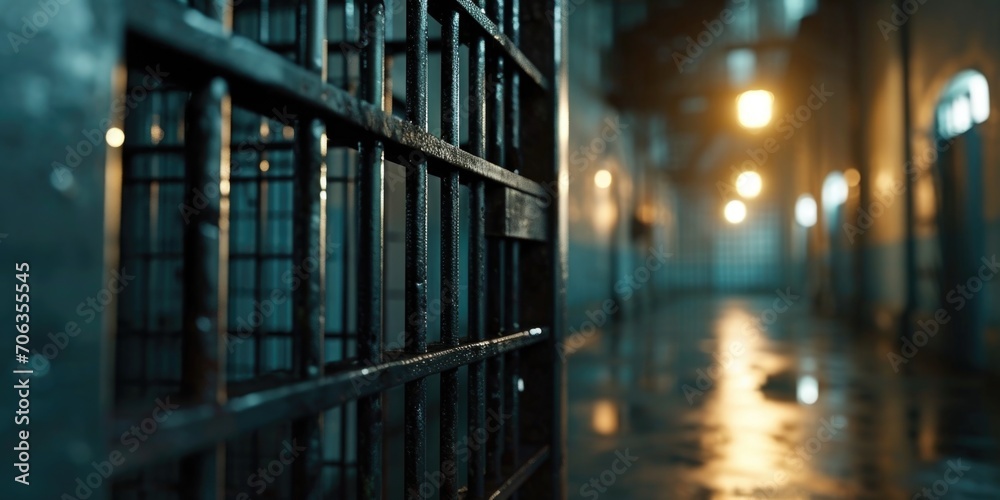 Poster a person walks in the background of a jail cell. this image can be used to depict the atmosphere of 