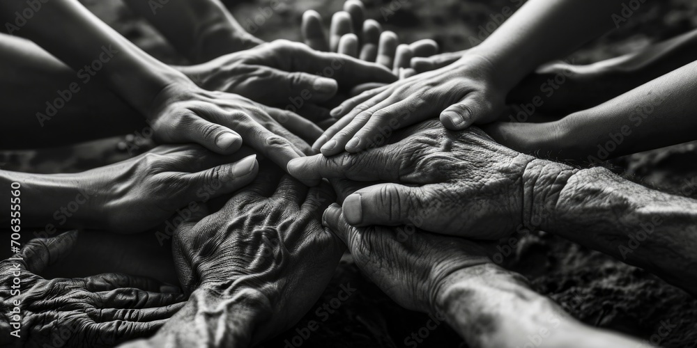 Poster a group of people coming together and putting their hands together in unity. this image can be used 