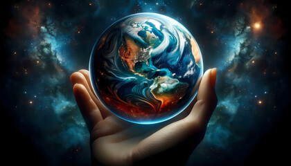 Globe Terrestre flottant dans l'espace bleu idéal pour articles sur le changement climatique, émissions de gaz a effet de serre, la terre, l’environnement, l'écologie, l'espace, l'univers - obrazy, fototapety, plakaty