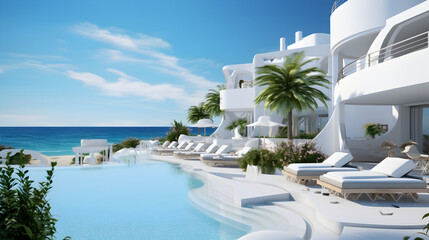 Luxury modern hotel with swimming pool and sea view. Sunbed on sundeck for vacation home or hotel