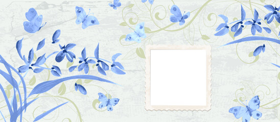 vintage banner with a paper foto frame and monochrome blue water