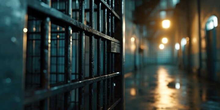A person walks in the background of a jail cell. This image can be used to depict the atmosphere of a prison or criminal justice system