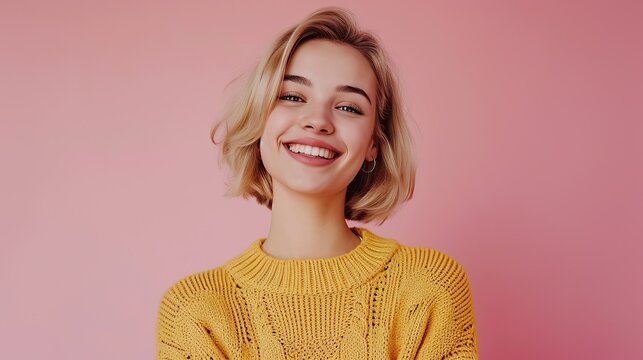 Happy confident pretty gen z blonde young woman wearing earings, positive smiling girl with short blond hair wearing yellow sweater looking at camera standing isolated on pink background
