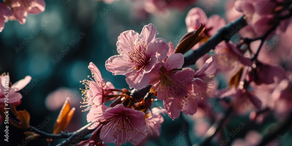Poster a close-up view of a pink flower on a tree. this picture captures the delicate beauty of nature. it 