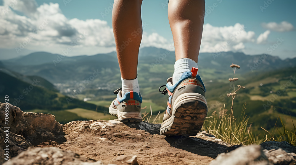 Wall mural man's legs with sports shoes along a mountain path