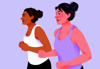 Smiling women friends exercising, jogging on purple background
