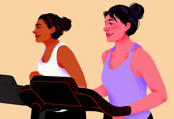 Smiling women exercising on treadmills in gym
