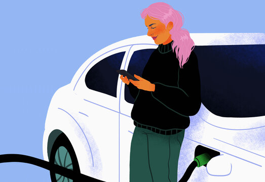 Woman using smart phone, waiting for electric car to charge
