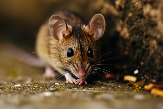 A mouse is seen eating food on the ground. This image can be used to depict wildlife, rodents, or nature scenes