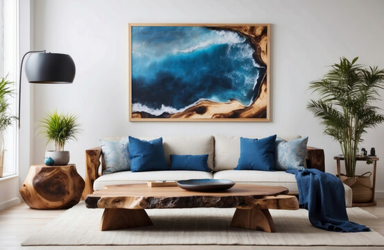 Live edge accent coffee table near white sofa with blue pillows against wall with big poster frame. Coastal home interior design of modern living room.