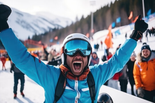 African skier in iniform and helmet celebrates his victory in a tournament on a mountainside filled with spectators