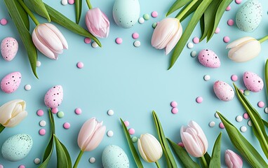 Vibrant Spring Scene, Blue Background With Pink and White Tulips and Easter Eggs
