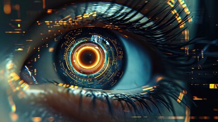 A close up of a person's eye. Cyborg enhancement, digital camera in the eye with electronic symbols around