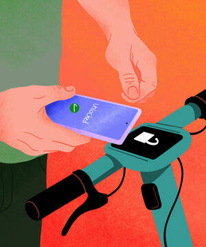 Close up man with smart phone unlocking public scooter with mobile app

