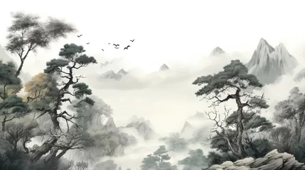 Sierkussen Chinese Ink Landscape Wallpaper Wall Mural © Fatih