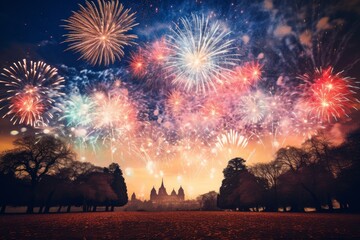 Fototapeta na wymiar Photo of a joyful New Year's Eve fireworks display. Generative AI