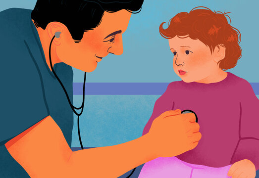 Male pediatrician with stethoscope examining girl patient in examination room
