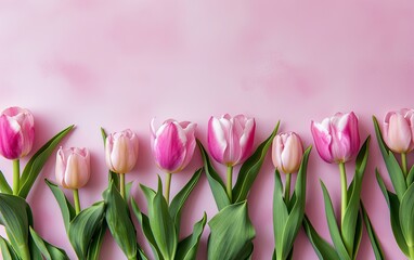 Fototapeta premium A Row of Pink Tulips Lined Up Against a Pastel Pink Background with Copy Space, Flat Lay, Overhead Shot