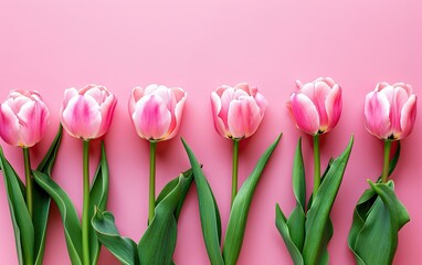 A Row of Pink Tulips Lined Up Against a Pastel Pink Background with Copy Space, Flat Lay, Overhead Shot