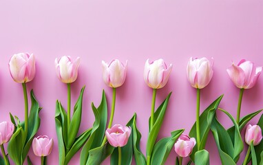 Obraz na płótnie Canvas A Row of Pink Tulips Lined Up Against a Pastel Pink Background with Copy Space, Flat Lay, Overhead Shot