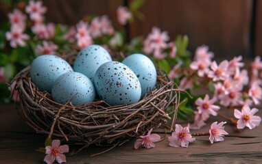 Speckled Robins Eggs Nestled in a Twig Nest Among Cherry Blossoms