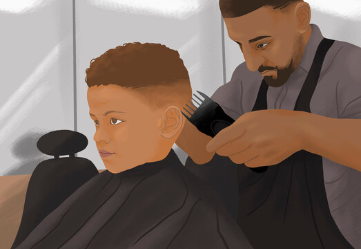Barber giving boy fade haircut in barbershop

