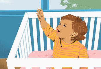 Cute baby girl with arm raised reaching from crib in nursery
