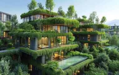 Fototapeta premium Sustainable Eco-Friendly Residential Building With Lush Green Roofs and Balconies