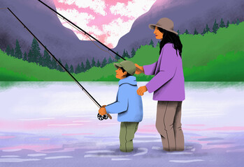 Mother and son fishing in remote mountain lake
