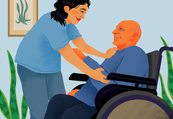 Happy, friendly home nurse helping senior man in wheelchair
