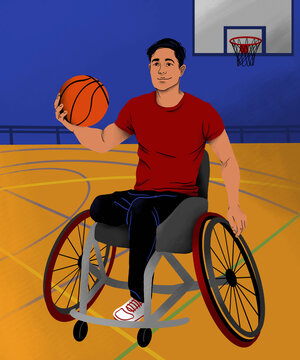 Smiling man in wheelchair playing basketball on basketball court in gymnasium
