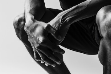 A black and white photo of a man holding his knee. Suitable for medical or sports-related content