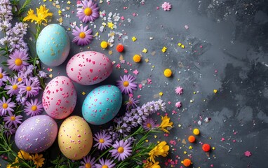 Colorful Easter Eggs and Bright Spring Flowers on a Textured Gray Background