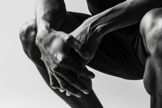 A black and white photo of a man holding his knee. Suitable for medical or sports-related content