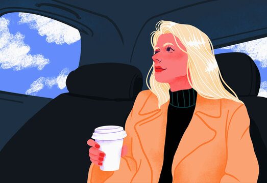 Businesswoman with coffee commuting, riding in back seat of crowdsourced taxi
