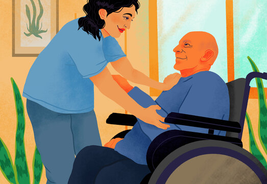 Smiling, friendly home caregiver helping senior man in wheelchair
