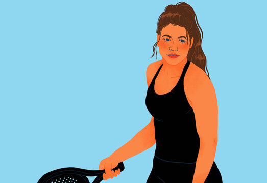 Young woman playing tennis on blue background
