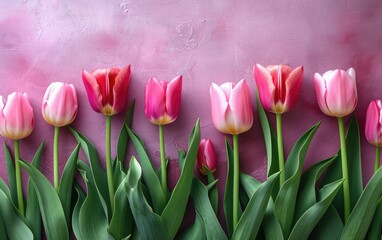 A Row of Pink Tulips Lined Up Against a Pastel Pink Textured Background with Copy Space, Flat Lay, Overhead Shot