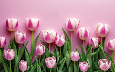 A Row of Pink Tulips Lined Up Against a Pastel Pink Textured Background with Copy Space, Flat Lay, Overhead Shot
