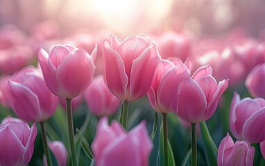 Pink Tulips Blooming in a Lush Garden During Springtime
