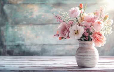 Beautiful Spring Flower Arrangement in a Ceramic Vase on a Rustic Wooden Table